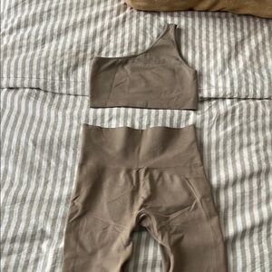 SET Active Tan One-Shoulder Top and Leggings Set